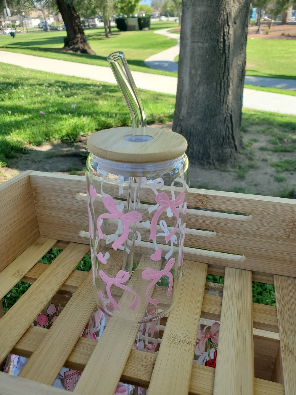 Glass Canister with Pink Bow and Heart Motif, Bamboo Lid